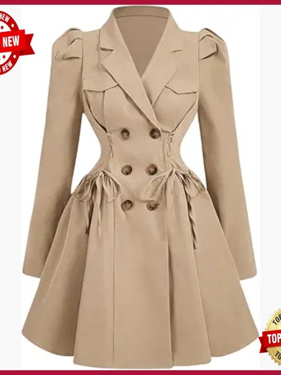 Jackets & Blazers - Double Breasted Trench Coat with Lapel Puff Sleeves Regular Fit
